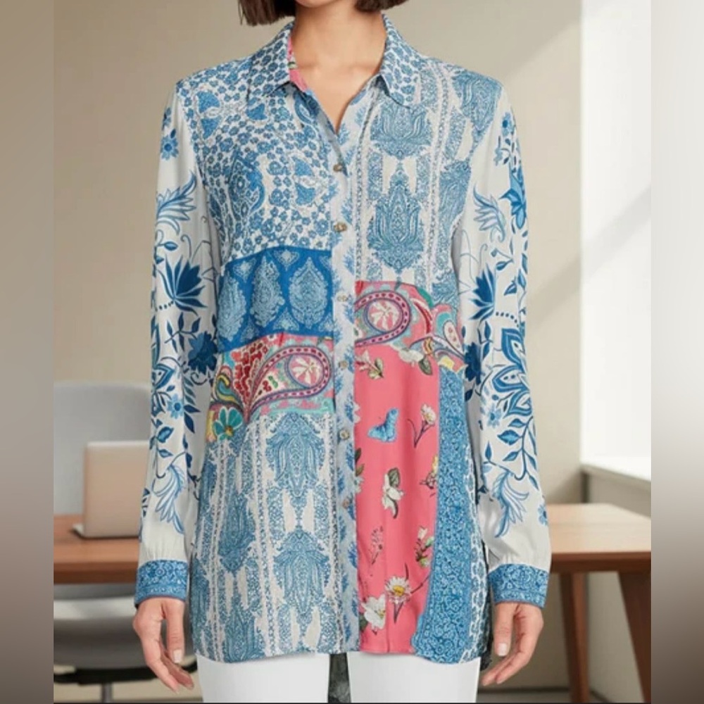 John Mark Patchwork Button Down Floral Paisley Tu… - image 2
